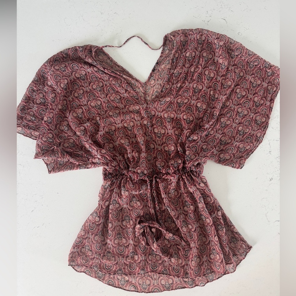ELLA MOSS Women’s Burgundy Print Sheer 3/4 Sleeve Tie Waist Tunic kimono
